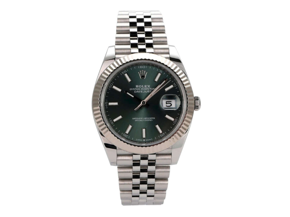 Rolex Datejust 41 Edelstahl Weißgold 126334 Mint Green Jubile-Band mit mintgrünem Zifferblatt und jubilee Armband.