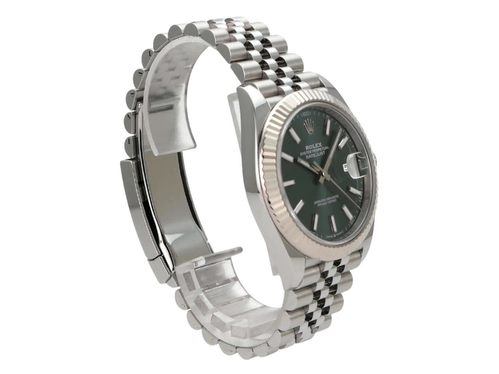 Rolex Datejust 41 Edelstahl Weißgold 126334 Mint Green Jubile-Band mit mintgrünem Zifferblatt und Jubile-Armband.