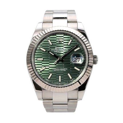 Rolex Datejust 41 Edelstahl Weißgold 126334 Mint Green Riffelmuster mit geriffeltem Zifferblatt und Oyster-Armband