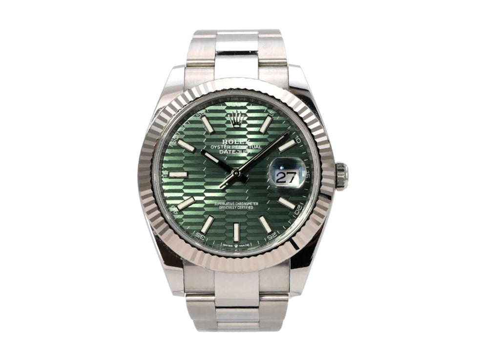 Rolex Datejust 41 Edelstahl Weißgold 126334 Mint Green Riffelmuster mit geriffeltem Zifferblatt und Oyster-Armband