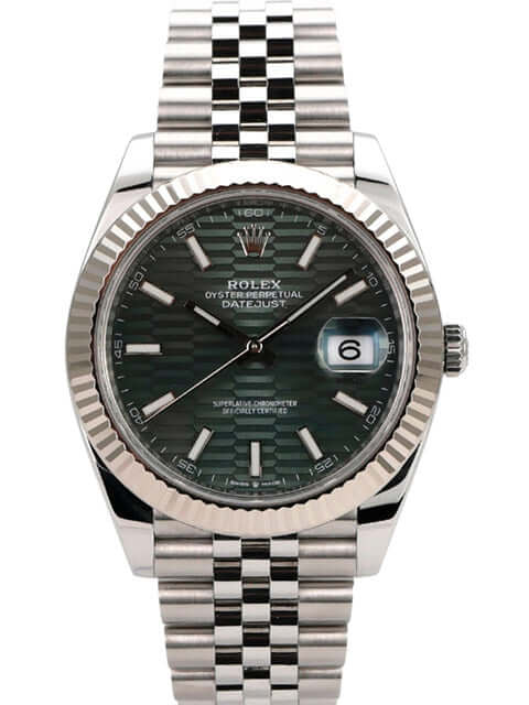 Rolex Datejust 41 Edelstahl Weißgold 126334 Mint Green Riffelmuster Jubile Uhr mit geriffelten Zifferblatt und Jubile-Armband