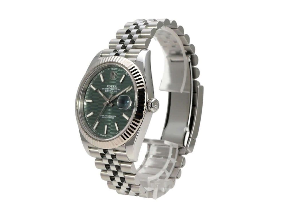 Rolex Datejust 41 Edelstahl Weißgold 126334 Mint Green Riffelmuster Jubile, Edelstahlarmband und Mint Green Zifferblatt.