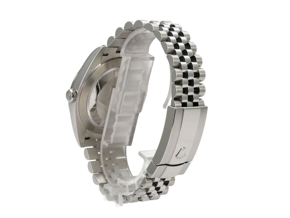 Rolex Datejust 41 Edelstahl Weißgold 126334 Mint Green Riffelmuster Jubile Armbandansicht mit Faltschließe
