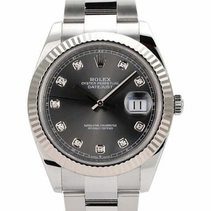 Rolex Datejust 41 Edelstahl Weißgold 126334 mit rhodiumfarbenem Zifferblatt und Diamanten, Automatikwerk und 41 mm Durchmesser.