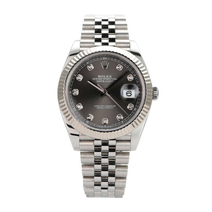 Rolex Datejust 41 Edelstahl Weißgold 126334 mit rhodium Diamantzifferblatt und Jubile-Band.