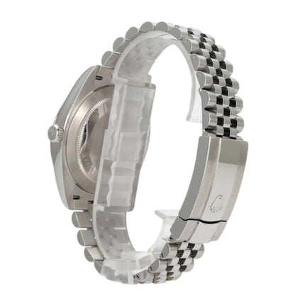 Rolex Datejust 41 Edelstahl Weißgold 126334 mit Jubile-Band und Faltschließe, seitliche Ansicht.