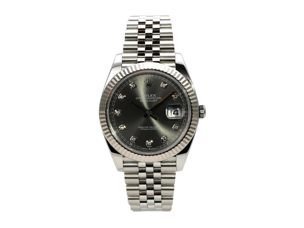 Rolex Datejust 41 Edelstahl Weißgold 126334 mit rhodiumfarbenem Diamantzifferblatt und Jubile-Band.