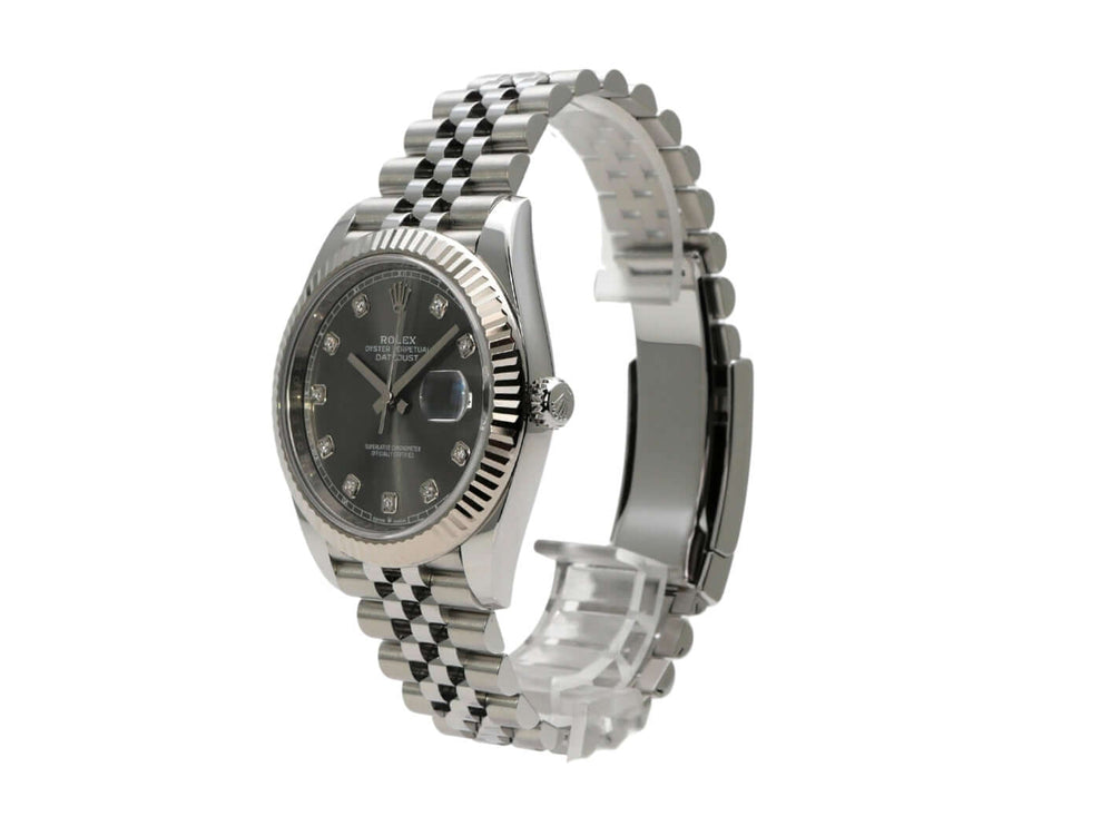 Rolex Datejust 41 Edelstahl Weißgold 126334 mit rhodium Diamantzifferblatt und Jubile-Band.