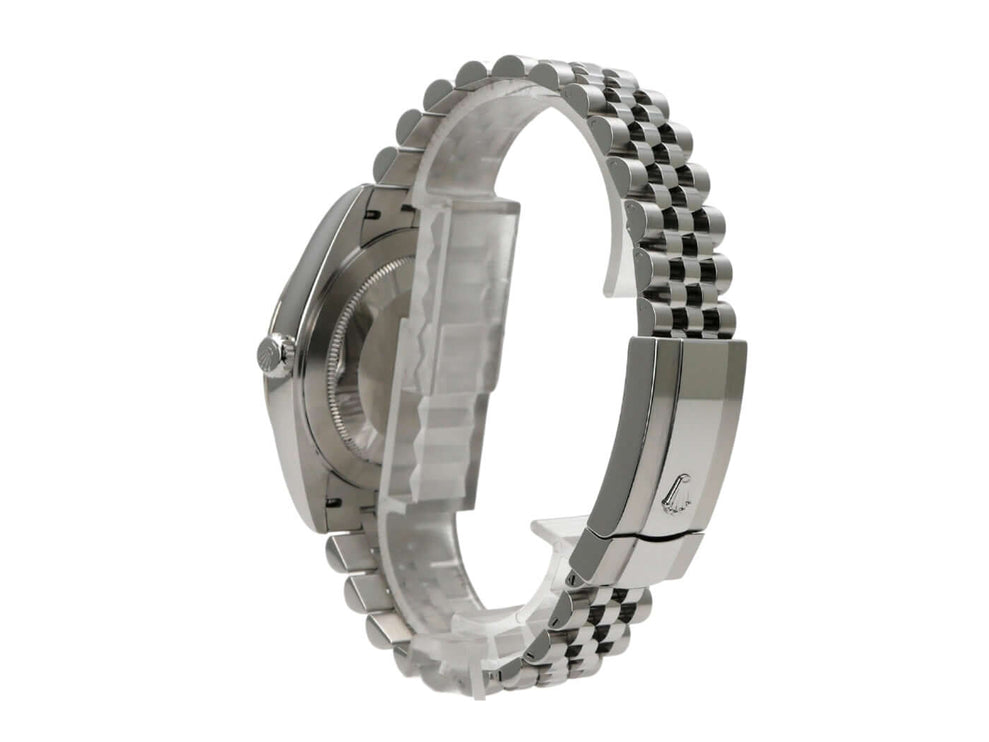 Seitenansicht der Rolex Datejust 41 Edelstahl mit Jubile-Band und Faltschließe.