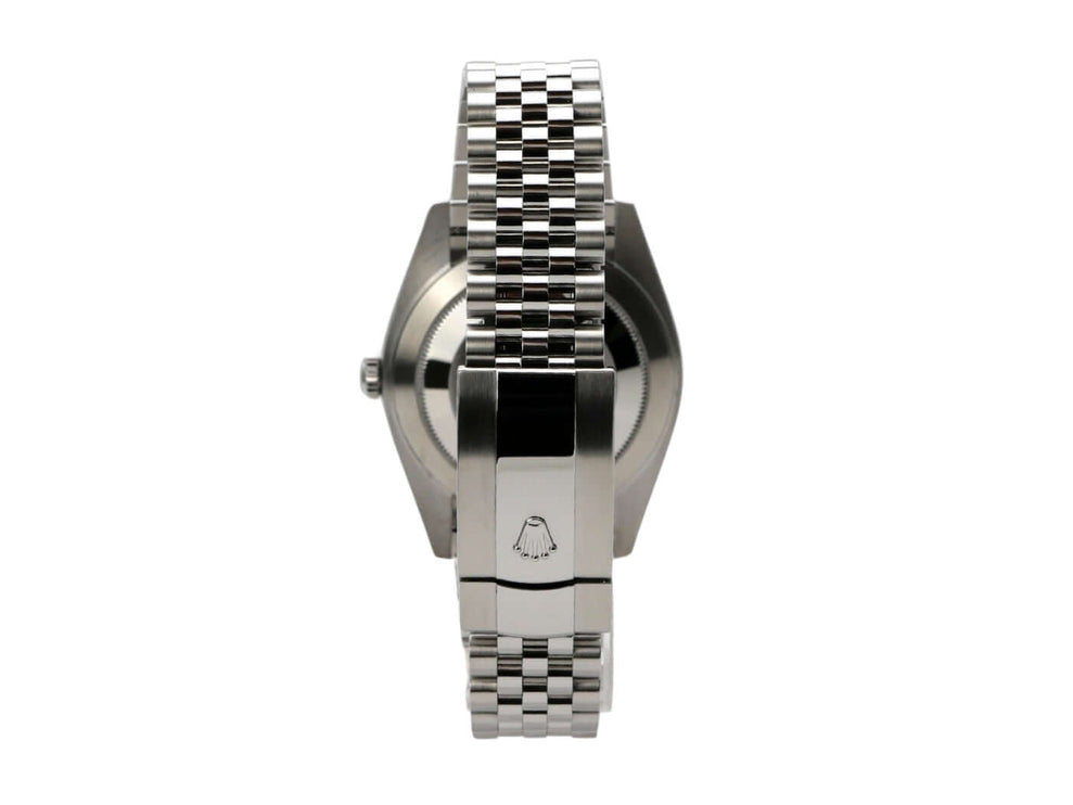 Rolex Datejust 41 Edelstahl Weißgold mit Jubile-Band, polierte und satinierte Oberfläche, Gehäusedetail.