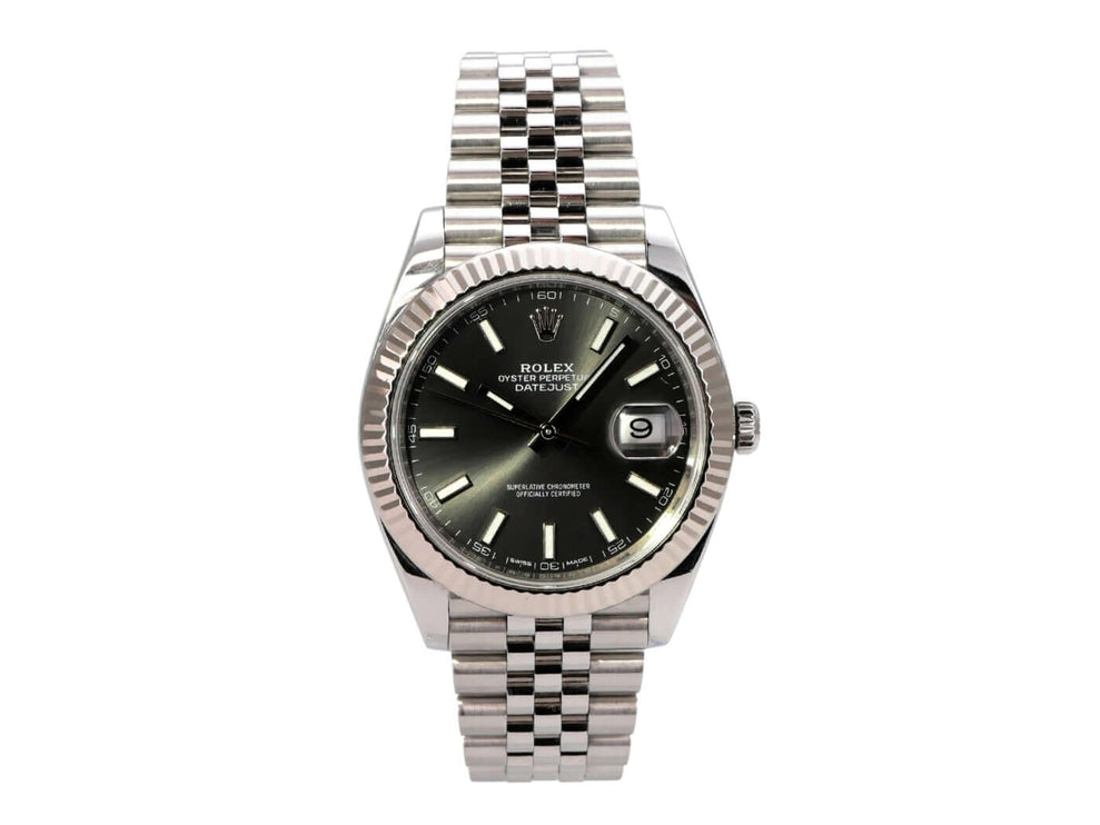 Rolex Datejust 41 Edelstahl Weißgold 126334 Rhodium Jubile-Band, 41 mm, Automatik, schwarzes Zifferblatt