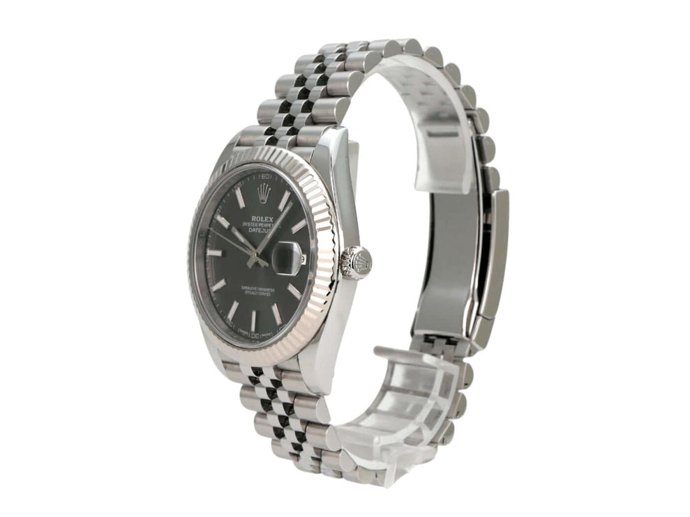 Rolex Datejust 41 Edelstahl Weißgold 126334 Rhodium Jubile-Band, 41 mm mit schwarzem Zifferblatt