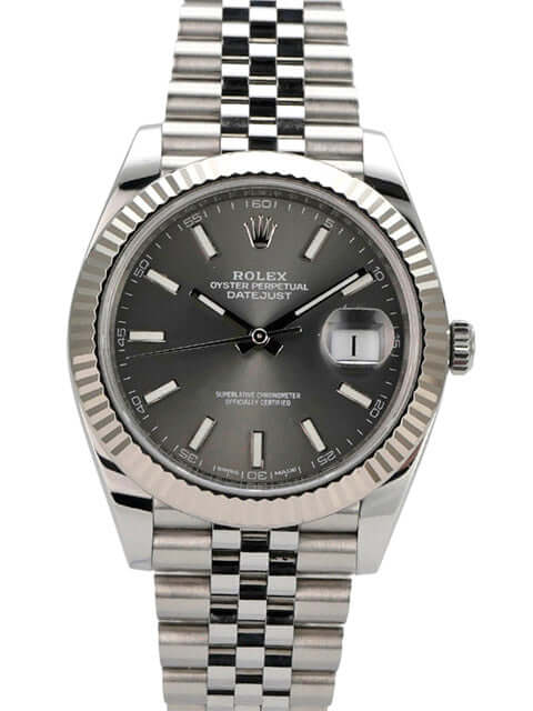 Rolex Datejust 41 Edelstahl Weißgold 126334 Rhodium Jubile-Band mit rhodiumfarbenem Zifferblatt und Jubile Armband.
