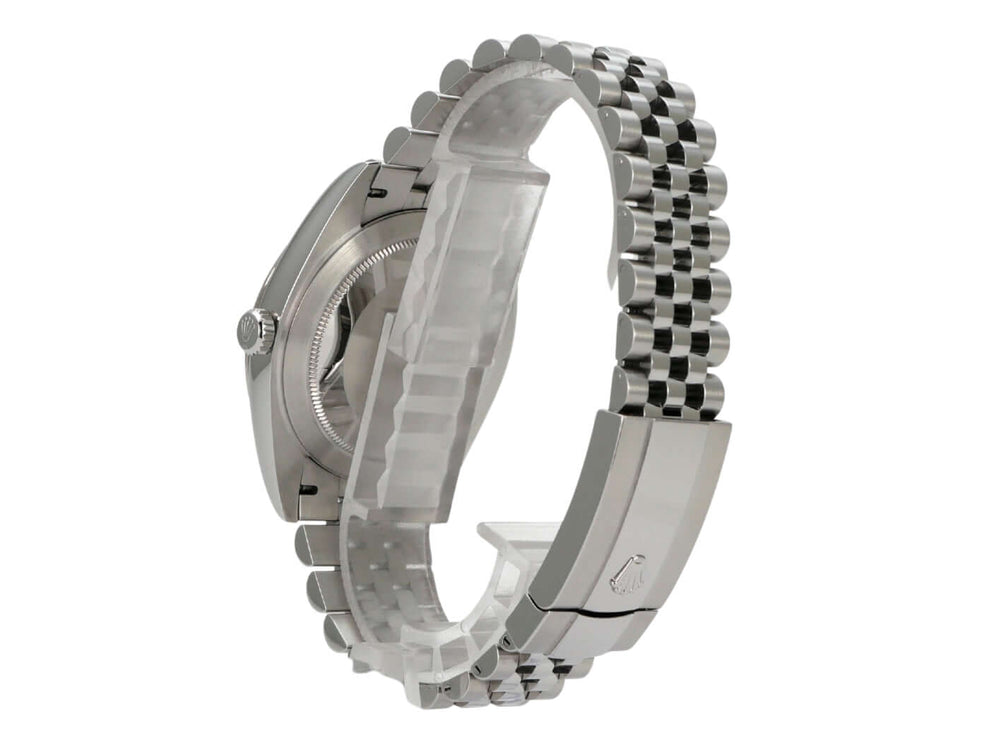 Rolex Datejust 41 Edelstahl Weißgold 126334 Rhodium Jubile-Band seitliche Ansicht mit Jubile-Armband.