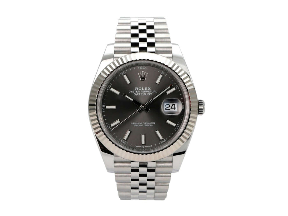 Rolex Datejust 41 Edelstahl Weißgold 126334 Rhodium Jubile-Band mit rhodiniertem Zifferblatt und Jubile-Armband.
