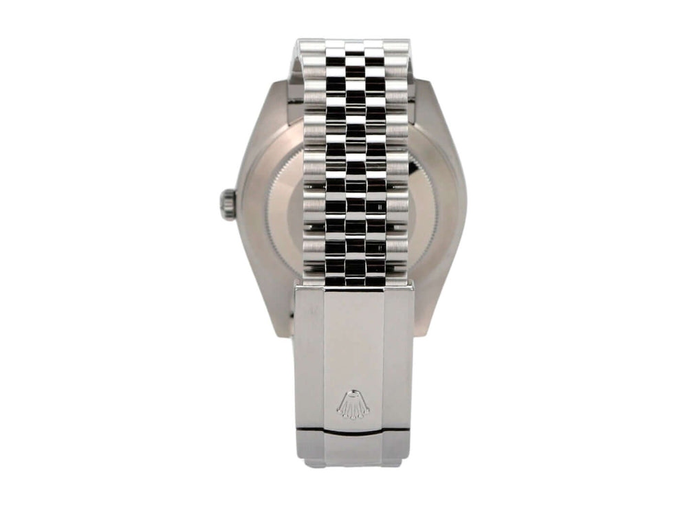 Rolex Datejust 41 Edelstahl Weißgold 126334 Rhodium Jubile-Band Rückansicht der Uhr mit Jubile-Armband.