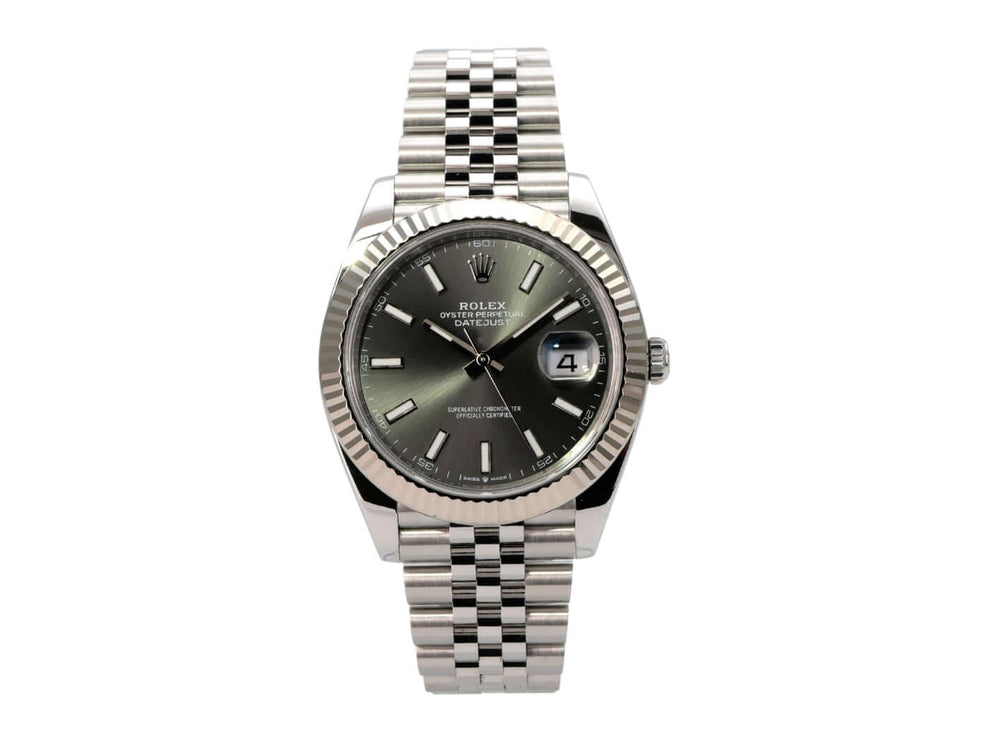 Rolex Datejust 41 Edelstahl Weißgold 126334 Rhodium Jubile-Band mit weißgoldener Lünette und Rhodium-Zifferblatt