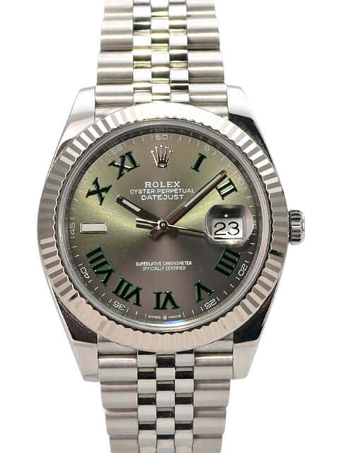 Rolex Datejust 41 Edelstahl Weißgold 126334 Rhodium Römisch Jubile-Band Uhr mit rhodiniertem Zifferblatt und Jubile-Band.