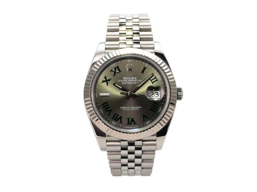 Rolex Datejust 41 Edelstahl Weißgold 126334 Rhodium Römisch Jubile-Band mit poliertem Gehäuse und Jubilé-Armband.