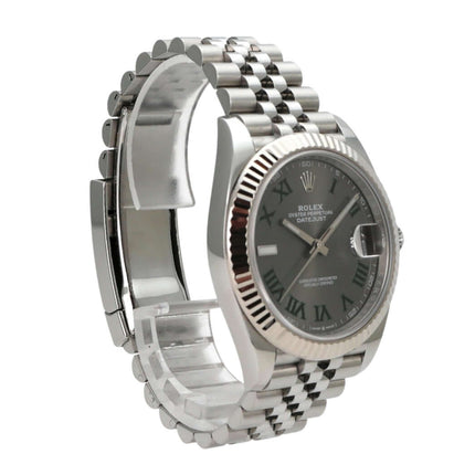Rolex Datejust 41 Edelstahl Weißgold 126334 Rhodium Römisch Jubile-Band mit grauem Zifferblatt und Jubilé-Armband.