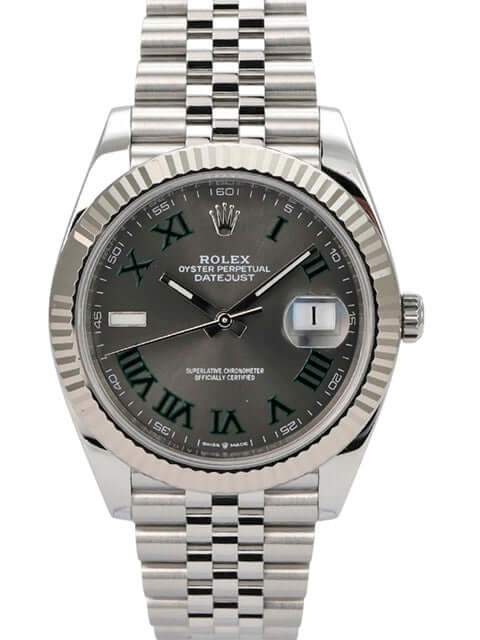 Rolex Datejust 41 Edelstahl Weißgold 126334 Rhodium Römisch Jubile-Band in polierter Edelstahl-Optik.