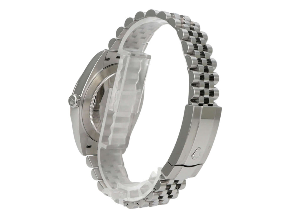 Rolex Datejust 41 Edelstahl Weißgold 126334 Rhodium Römisch Jubile-Band Seitenansicht mit Jubile-Armband und Faltschließe
