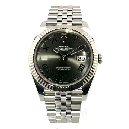 Rolex Datejust 41 Edelstahl Weißgold, Ref. 126334, Rhodium Zifferblatt mit römischen Ziffern, geriffelte Lünette, Jubile-Armband.