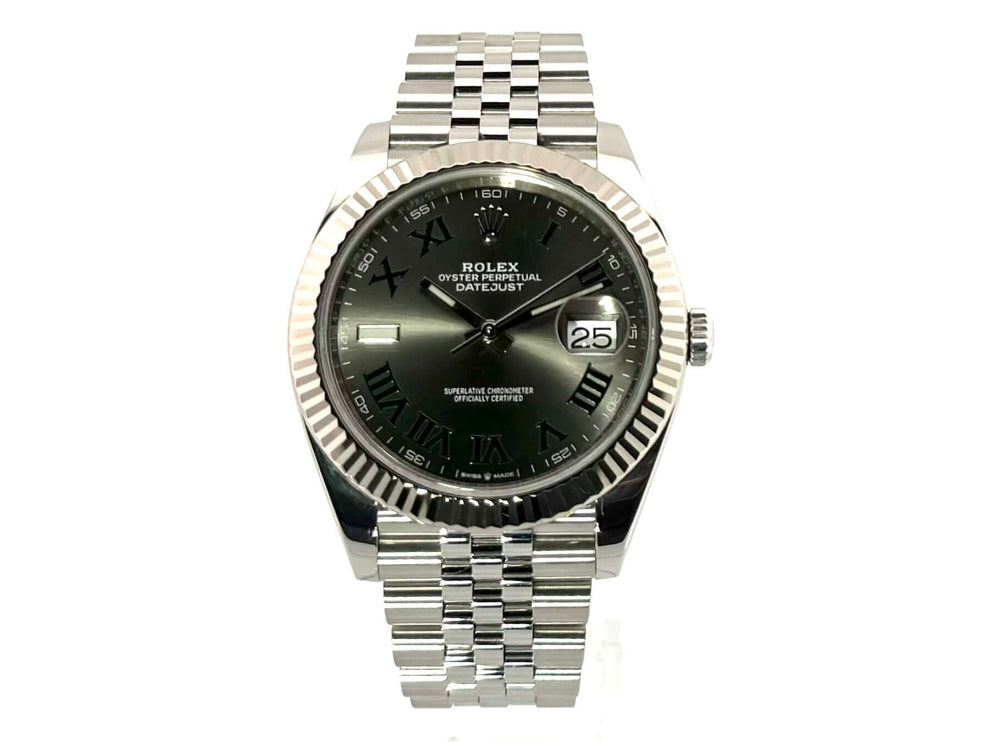Rolex Datejust 41 Edelstahl Weißgold, Ref. 126334, Rhodium Zifferblatt mit römischen Ziffern, geriffelte Lünette, Jubile-Armband.