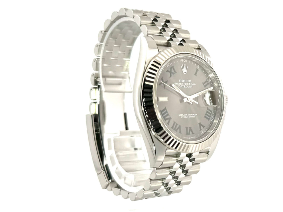 Rolex Datejust 41 Edelstahl Weißgold 126334 mit Rhodium Zifferblatt und römischen Ziffern, Jubile-Band aus 2020, luxuriöse Armbanduhr