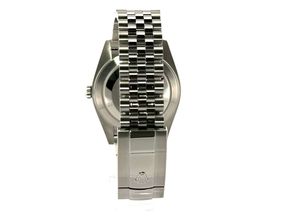 Rückansicht der Rolex Datejust 41 Ref. 126334 mit Edelstahl/Weißgold Gehäuse und poliertem/satiniertem Jubile-Armband.