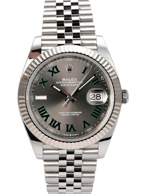 Rolex Datejust 41 Edelstahl Weißgold 126334 Rhodium Römisch Jubile-Band mit rhodiumfarbenem Zifferblatt und römischen Ziffern.