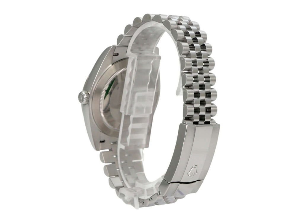 Rolex Datejust 41 Edelstahl Weißgold 126334 Rhodium Römisch Jubile-Band seitliche Ansicht mit Jubile-Armband.