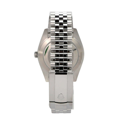 Rolex Datejust 41 Edelstahl Weißgold 126334 Rhodium Römisch Jubile-Band Rückansicht der Uhr mit Jubile-Armband.