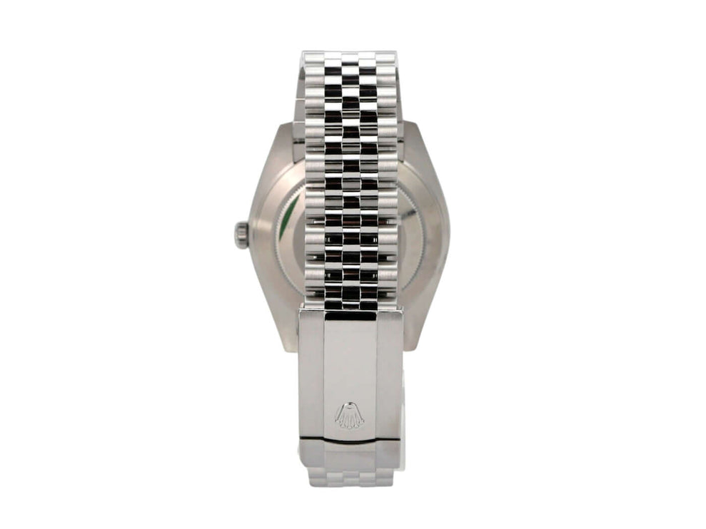Rolex Datejust 41 Edelstahl Weißgold 126334 Rhodium Römisch Jubile-Band Rückansicht der Uhr mit Jubile-Armband.