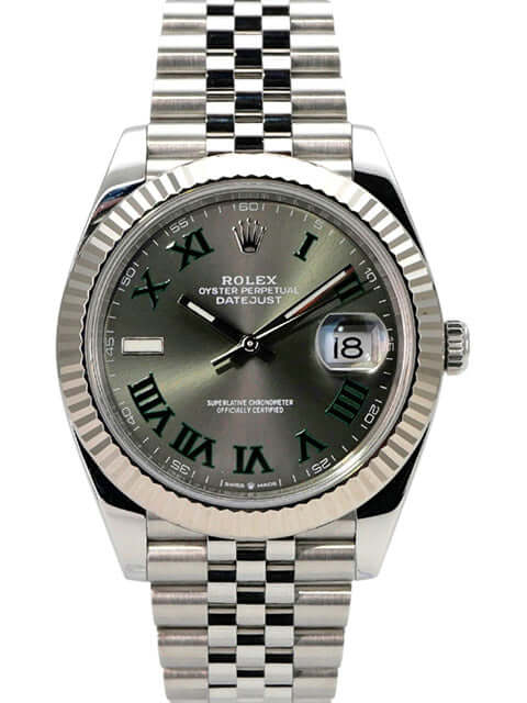 Rolex Datejust 41 Edelstahl Weißgold 126334 Rhodium Römisch Jubile-Band mit rhodiumfarbenem Zifferblatt und Jubilé-Armband.
