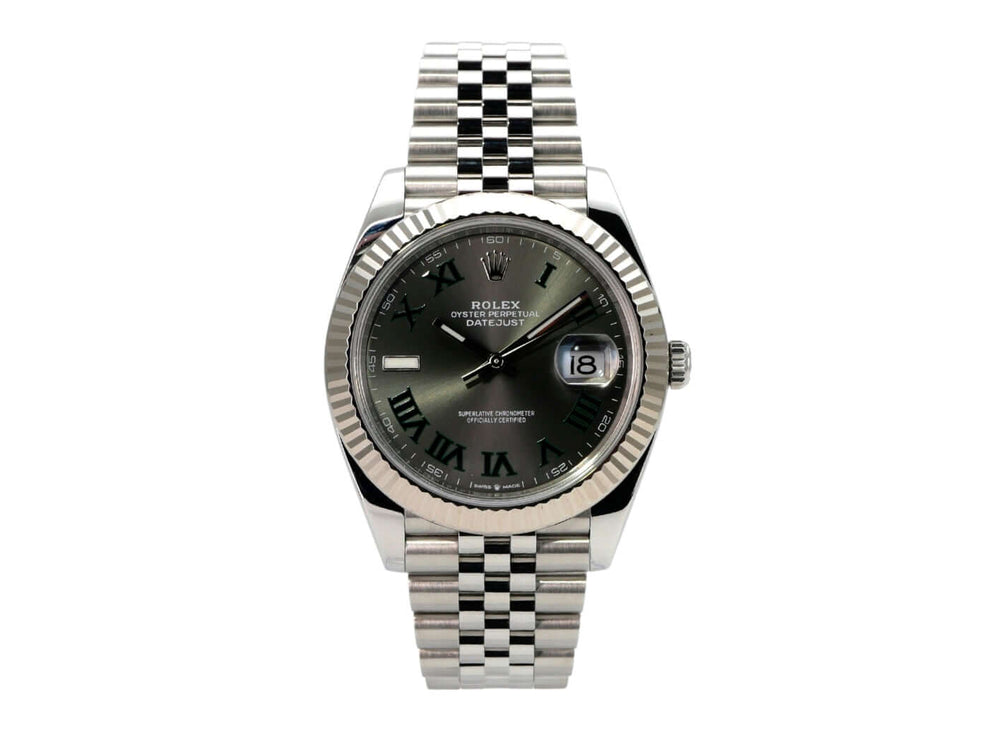 Rolex Datejust 41 Edelstahl Weißgold 126334 Rhodium Römisch Jubile-Band mit rhodiumfarbenem Zifferblatt und Jubile-Armband.