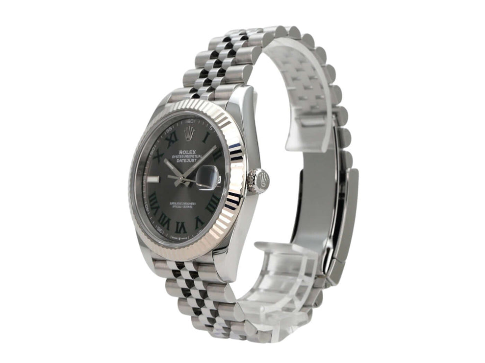 Rolex Datejust 41 Edelstahl Weißgold 126334 Rhodium Römisch Jubile-Band im Profil mit rhodiumfarbenem Zifferblatt und Jubile-Armband.