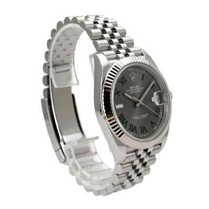 Rolex Datejust 41 Edelstahl Weißgold 126334 Rhodium Römisch Jubile-Band mit rhodiumfarbenem Zifferblatt und Jubilé-Armband.