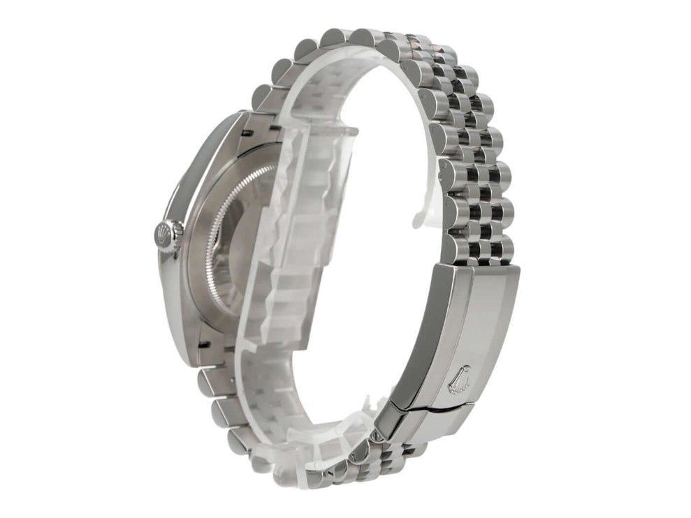 Rolex Datejust 41 Edelstahl Weißgold 126334 Rhodium Römisch Jubile-Band seitliche Ansicht mit Jubilee-Armband und Edelstahlgehäuse.