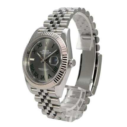 Rolex Datejust 41 Edelstahl Weißgold 126334 Rhodium Römisch Jubile-Band seitliche Ansicht mit rhodiumfarbenem Zifferblatt