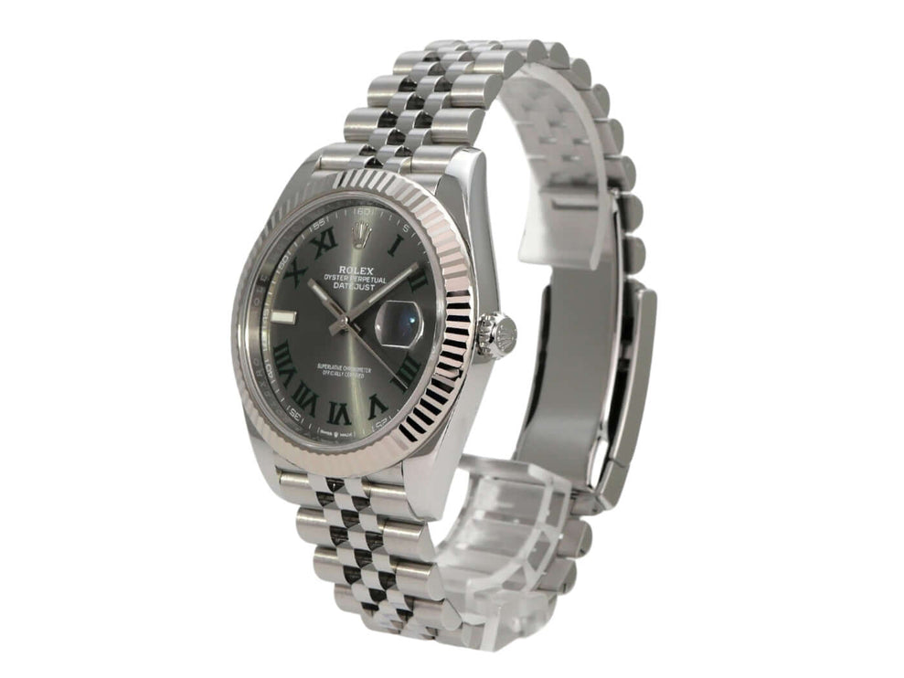 Rolex Datejust 41 Edelstahl Weißgold 126334 Rhodium Römisch Jubile-Band seitliche Ansicht mit rhodiumfarbenem Zifferblatt