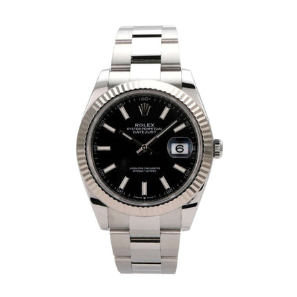 Rolex Datejust 41 Edelstahl Weißgold 126334 mit schwarzem Zifferblatt und Datumsanzeige, Gehäusedurchmesser 41 mm.