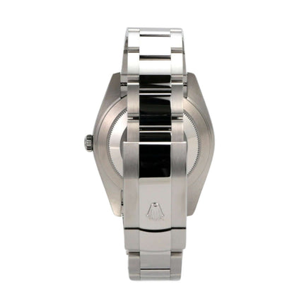 Rückansicht der Rolex Datejust 41 Edelstahl Weißgold mit Oyster Armband und Rolex Logo, poliertes und satinierter Look.