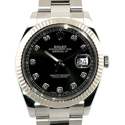 Rolex Datejust 41 Edelstahl Weißgold 126334 mit schwarzem Diamantzifferblatt und 18 kt Weißgold-Lünette auf weißem Hintergrund