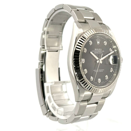 Rolex Datejust 41 Edelstahl Weißgold 126334 Schwarz Diamant Herrenuhr mit 41mm Gehäusedurchmesser und schwarzem Zifferblatt.