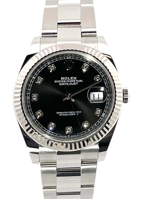Rolex Datejust 41 Edelstahl Weißgold 126334 mit schwarzem Diamantzifferblatt und Oyster Armband, poliert und satiniert.