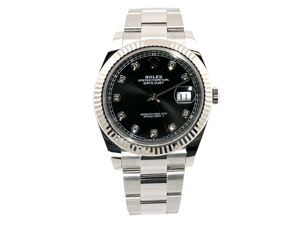 Rolex Datejust 41 Edelstahl Weißgold 126334 mit schwarzem Diamantzifferblatt und Oyster-Armband, 41 mm Gehäusedurchmesser.