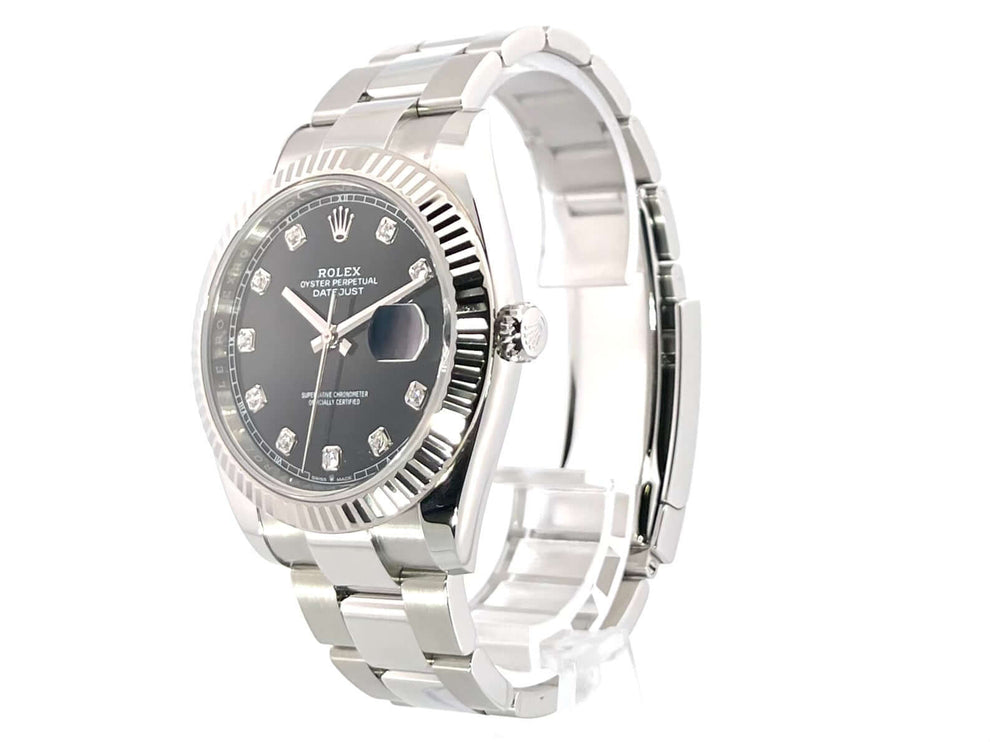 Rolex Datejust 41 Edelstahl Weißgold 126334, schwarzes Diamantzifferblatt, Oysterband, 2021 Modell.