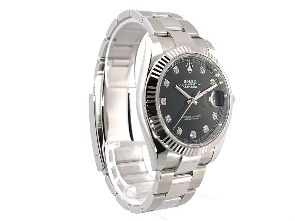 Rolex Datejust 41 Edelstahl Weißgold 126334, schwarzes Diamantzifferblatt, Edelstahlband, poliert und satiniert, 18 kt Weißgold Lünette, 2021 Modell.