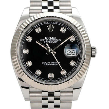 Rolex Datejust 41 Edelstahl Weißgold 126334 mit schwarzem Diamantzifferblatt und Jubile-Band